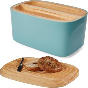 Sonder Los Angeles, Modern Bamboo Fiber and Recycled Plastic Bread Box (Blue Green) for Kitchen Countertop with Reversible Bread Board Wood Lid 14.25 x 9.25 x 7 in(Sea Mist)