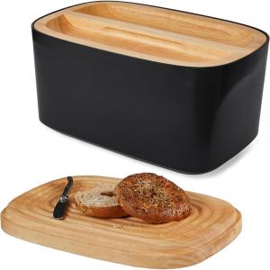Sonder Los Angeles, Modern Bamboo Fiber and Recycled Plastic Bread Box (Blue Green) for Kitchen Countertop with Reversible Bread Board Wood Lid 14.25 x 9.25 x 7 in(Black)