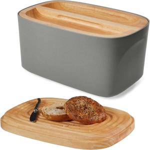 Sonder Los Angeles, Modern Bamboo Fiber and Recycled Plastic Bread Box (Blue Green) for Kitchen Countertop with Reversible Bread Board Wood Lid 14.25 x 9.25 x 7 in(Charcoal)