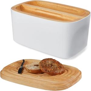 Sonder Los Angeles, Modern Bamboo Fiber and Recycled Plastic Bread Box (Blue Green) for Kitchen Countertop with Reversible Bread Board Wood Lid 14.25 x 9.25 x 7 in(White)